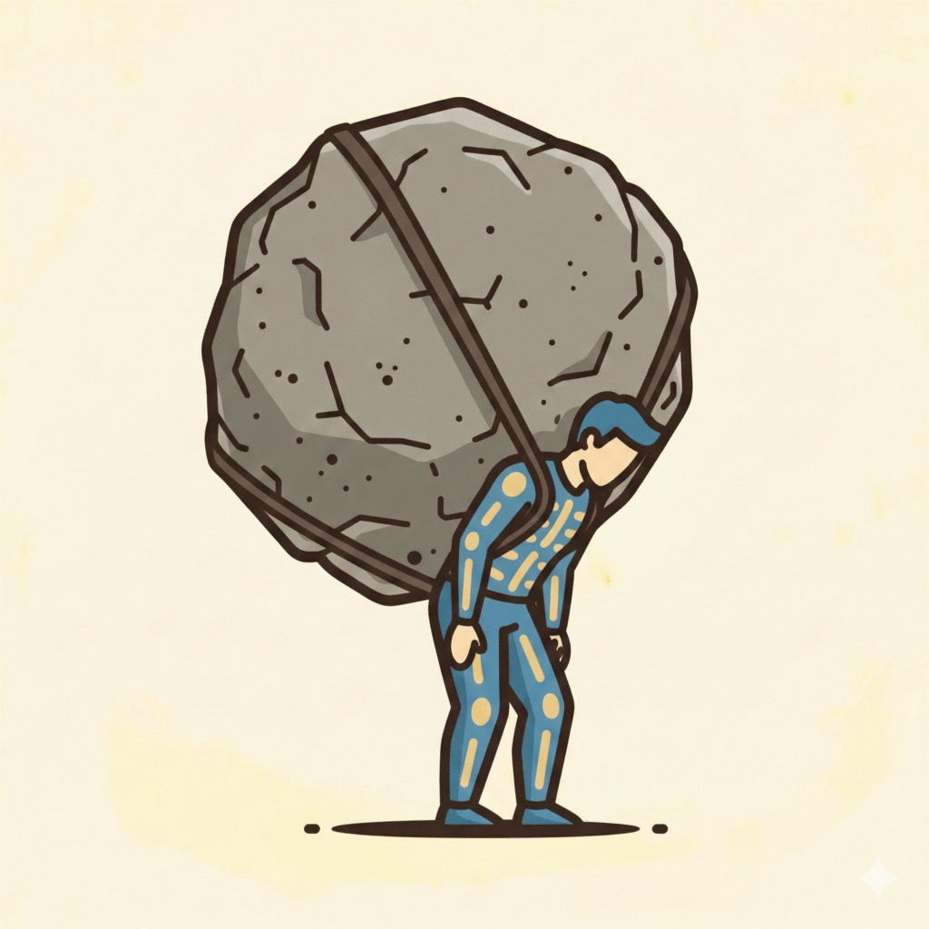 Illustration of a man with a large rock strapped to his back