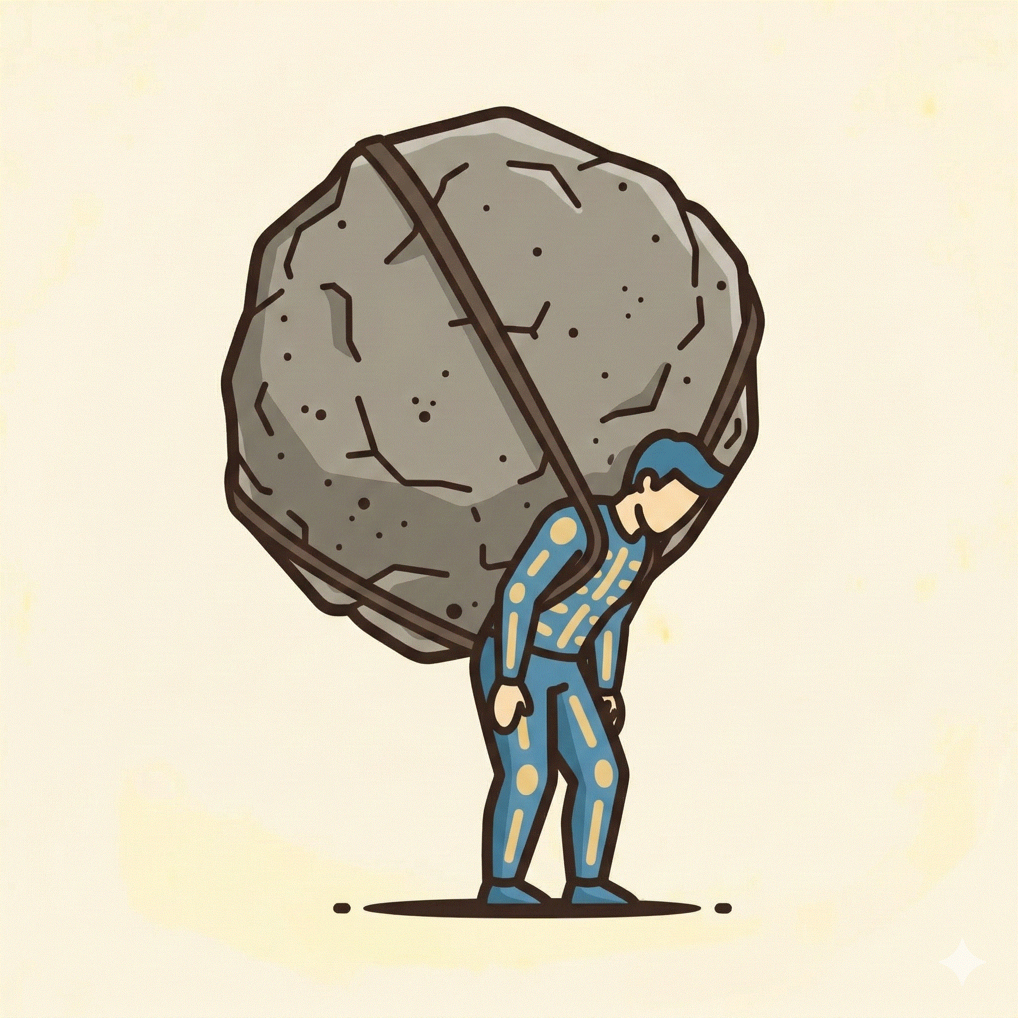 Illustration of a man with a large rock strapped to his back