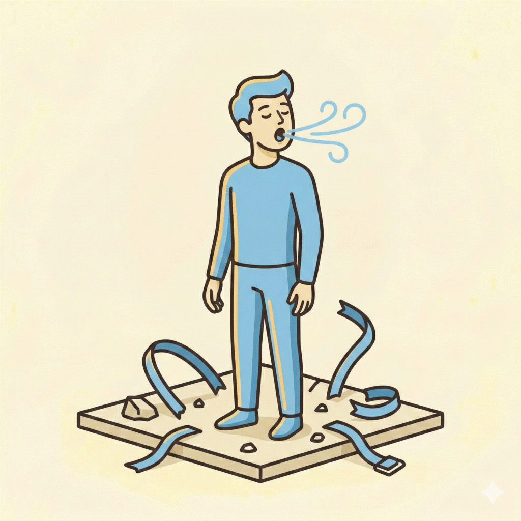 Illustration of a man having unravelled belts from around himself, pausing to take a breath
