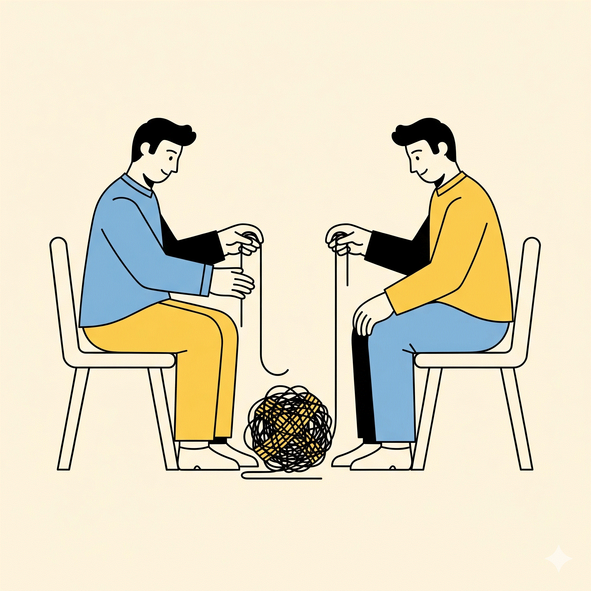 Illustration of two men untangling a ball of string. One has a lone thread in his hands, the other is linked to the whole ball.
